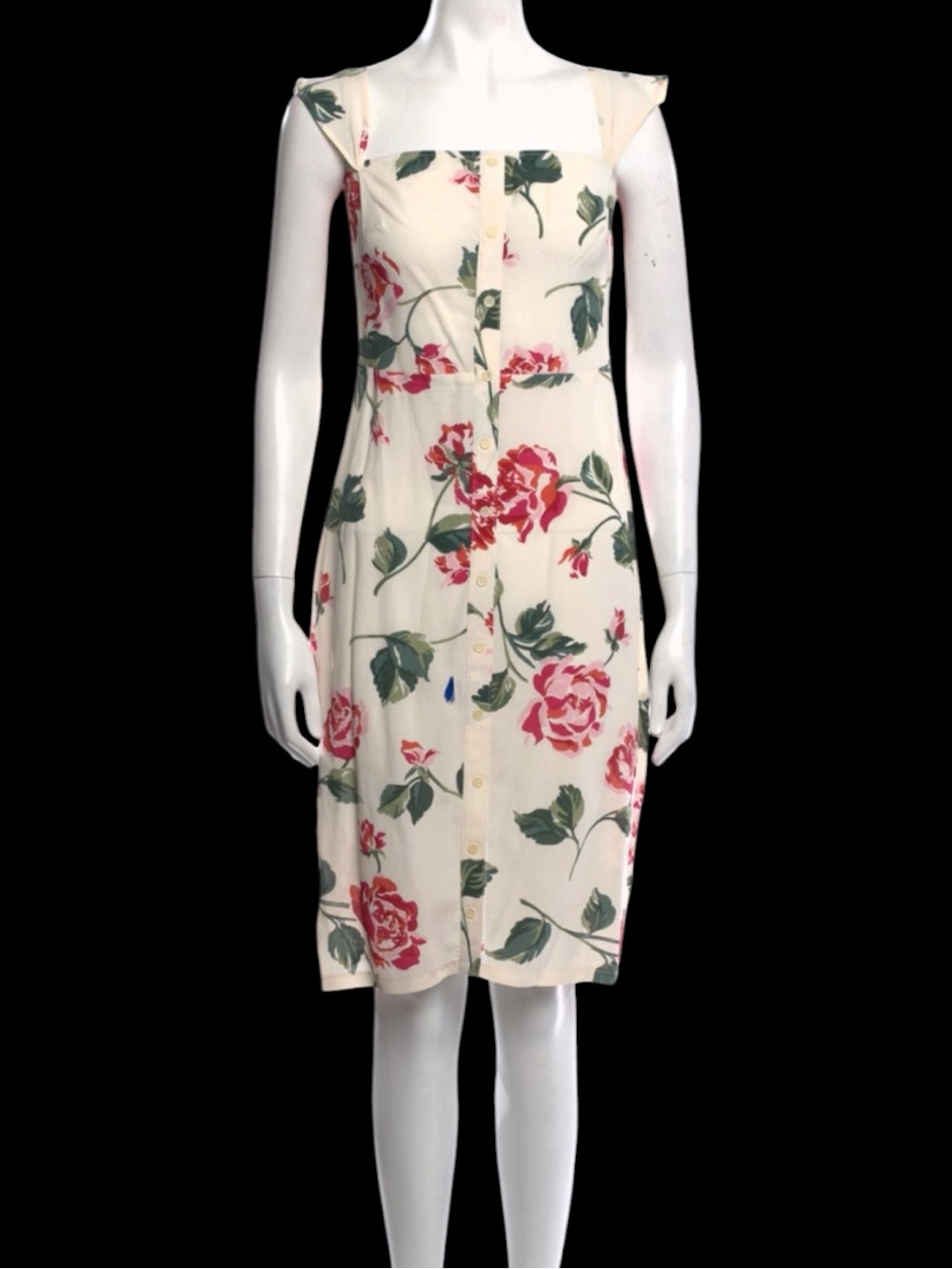 Reformation Cream Rose Print Square Bib Button Midi Dress XXS